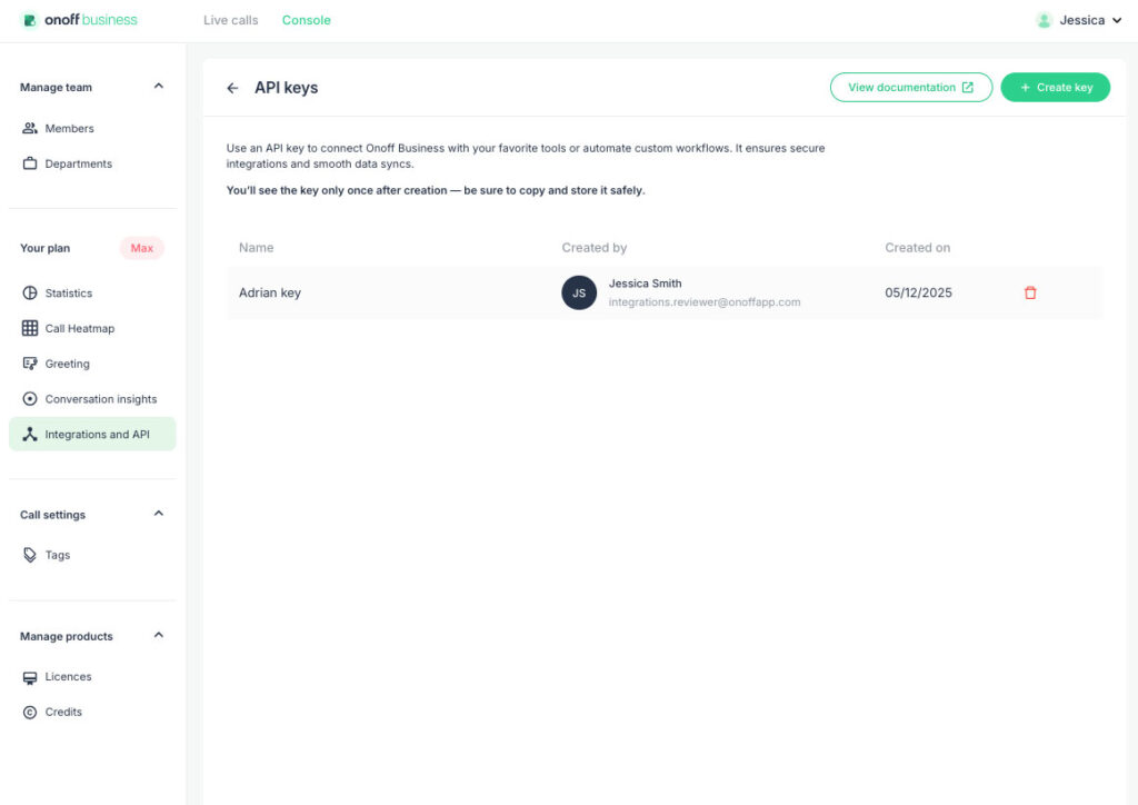 Fonctionnalité API public Onoff Business