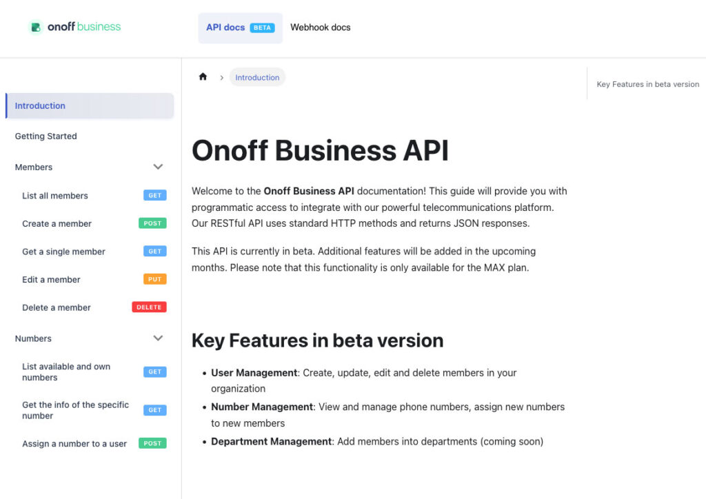 Documentation API public Onoff Business