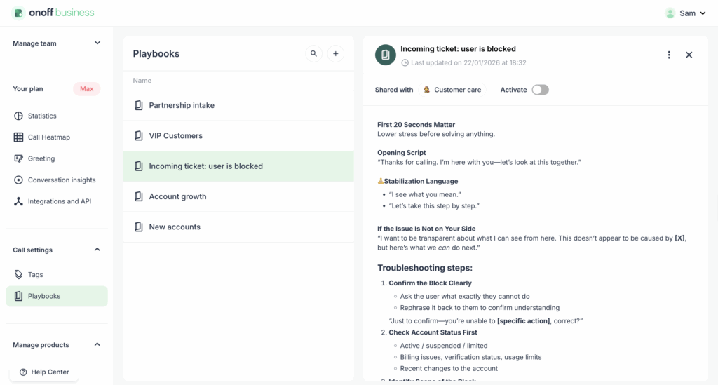 Example of configured but inactive playbook, that won't be visible for users