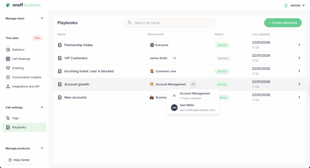 Screenshot of the console with "Playbooks" menu showing the list view, script statuses (Active/Hidden), and the management dashboard.