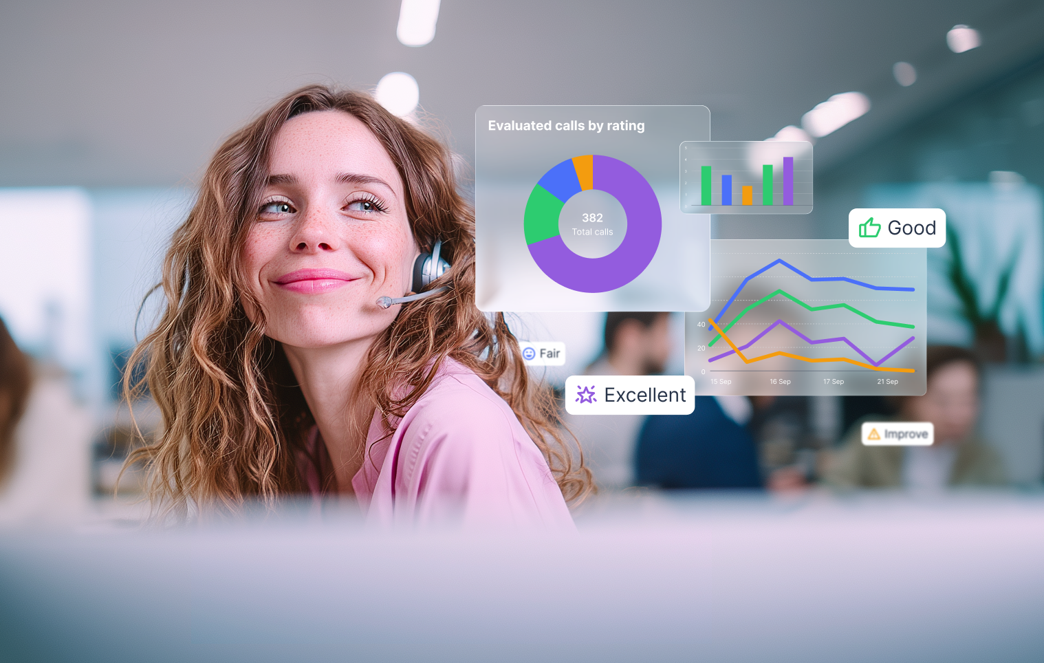 Smiling woman with headset next to Onoff Business AI call evaluation analytics.